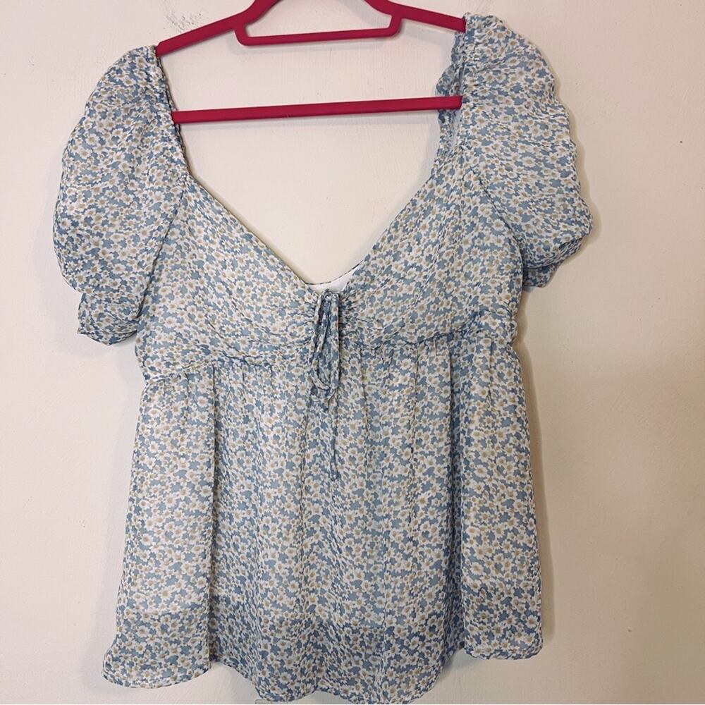 Louna Babydoll Top Sz XS Blue Floral Daisy Chiffon 90s Prairie Cottagecore Shirt